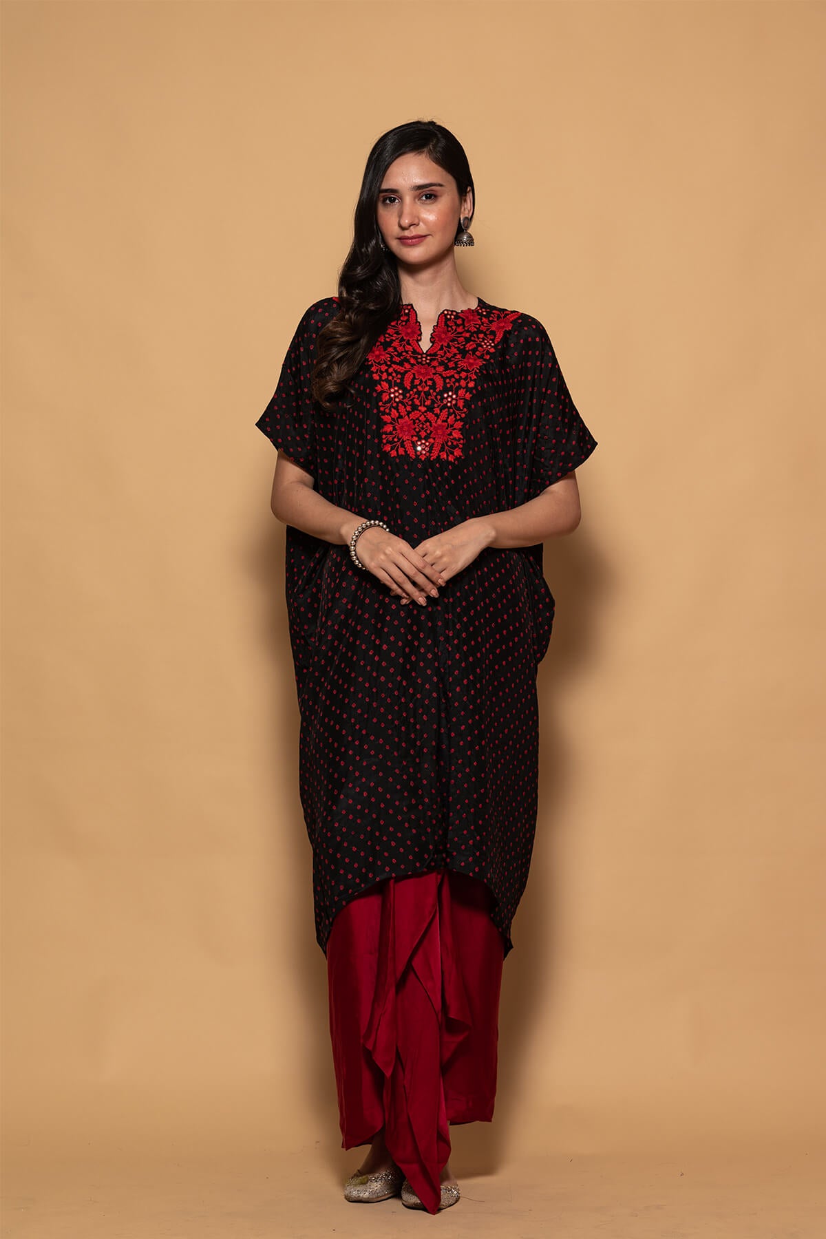 Black Kaftan kurta with red embroidery detailing