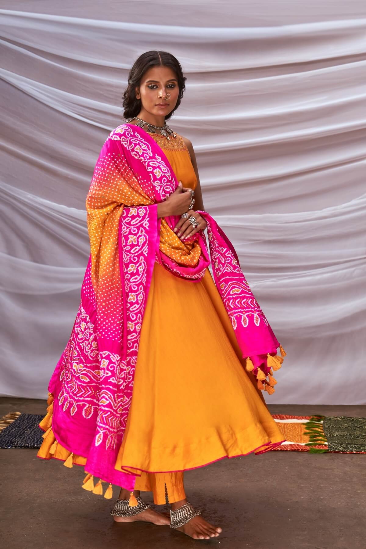 Zari Embroidered Anarkali With Ombré Bandhani Dupatta