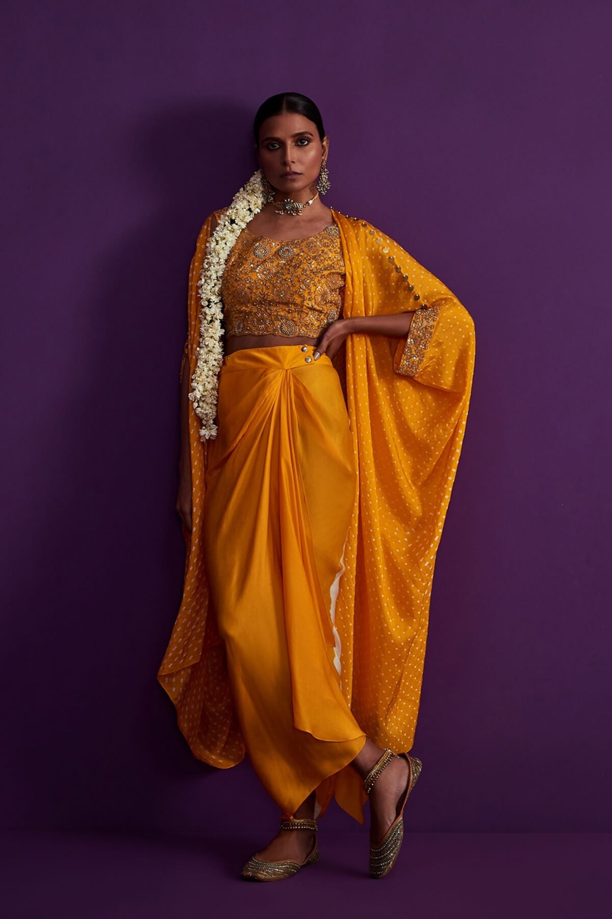 Bandhani Cape Set With Heavily Embroidered Crop Top