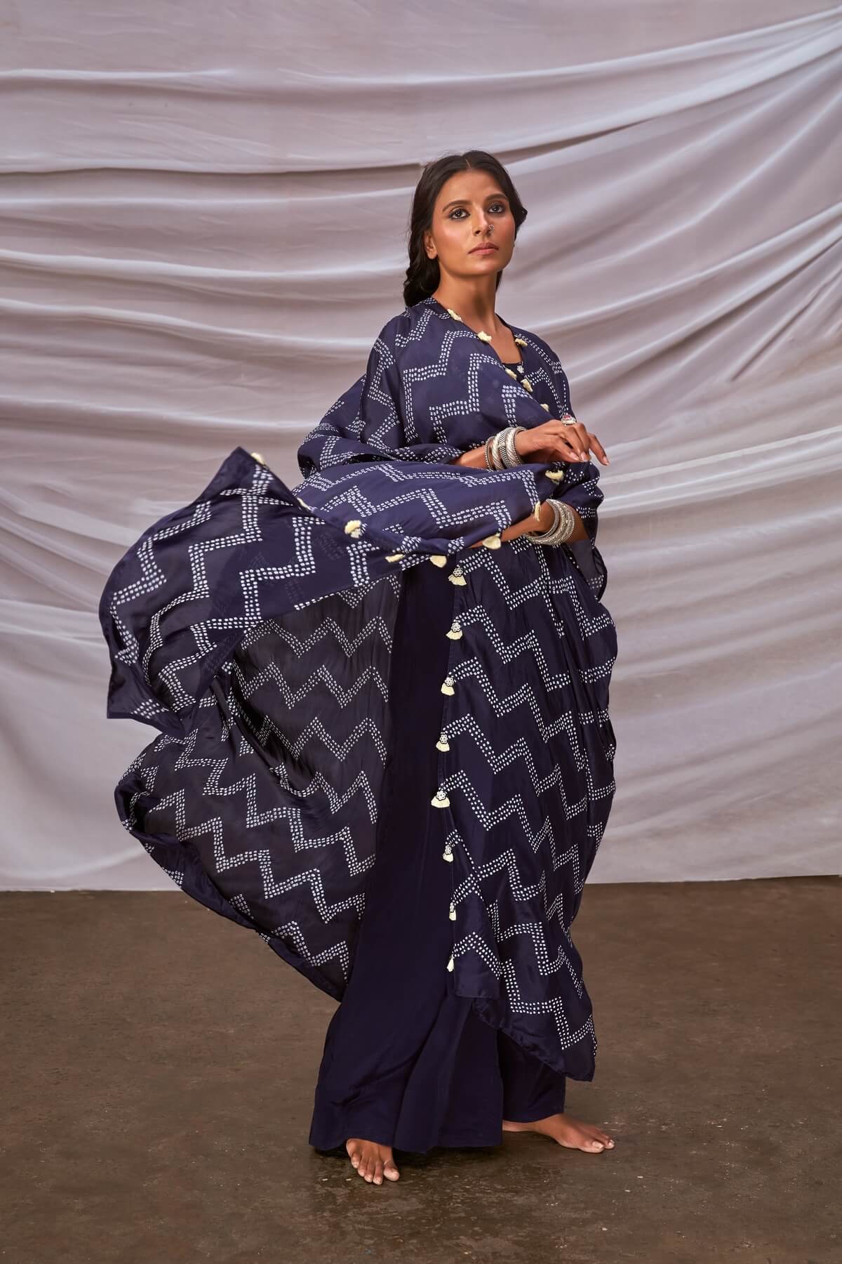 Zig-Zag Bandhani Cape Set With Flared Pants