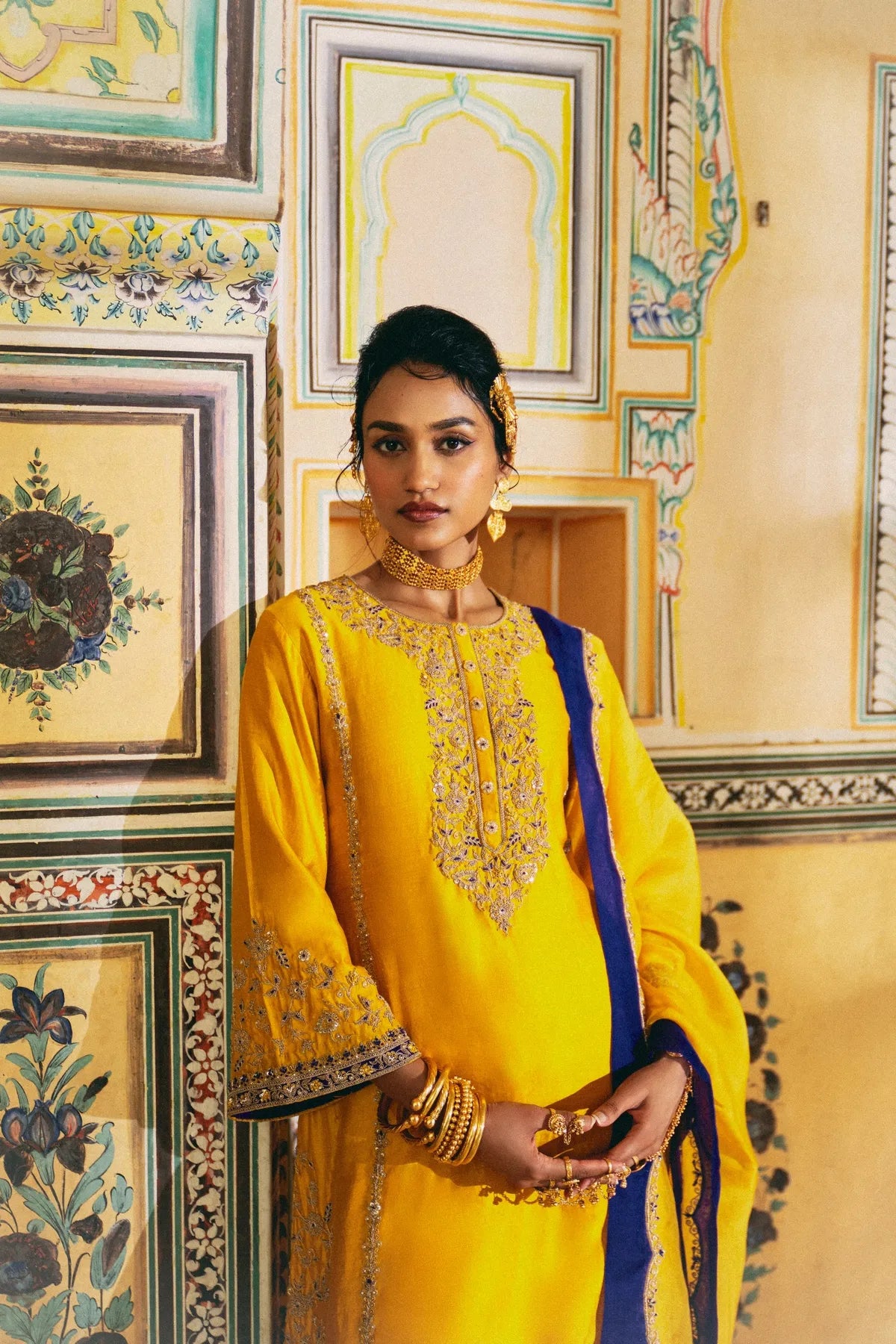 Yellow purple kurta set