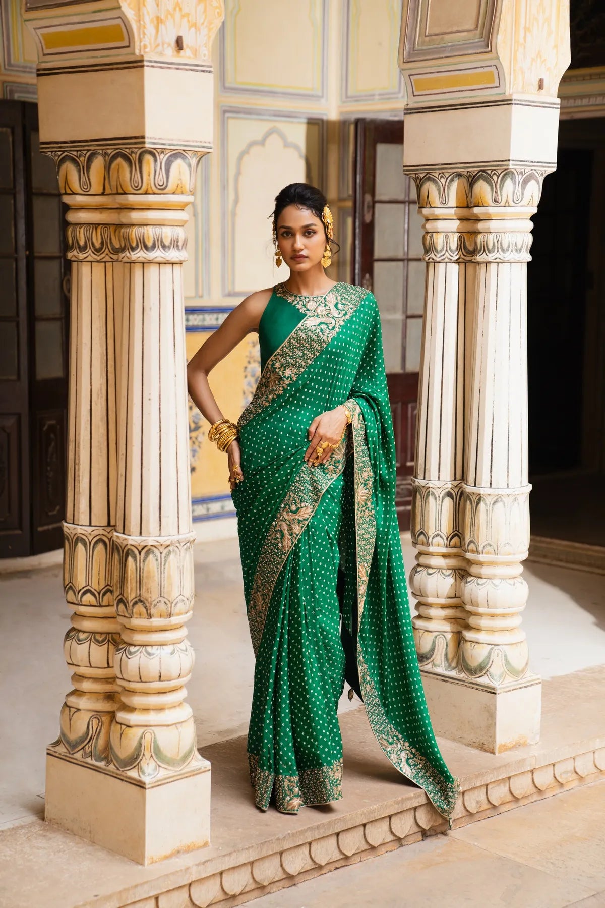 Peacock and lotus bandhni saree
