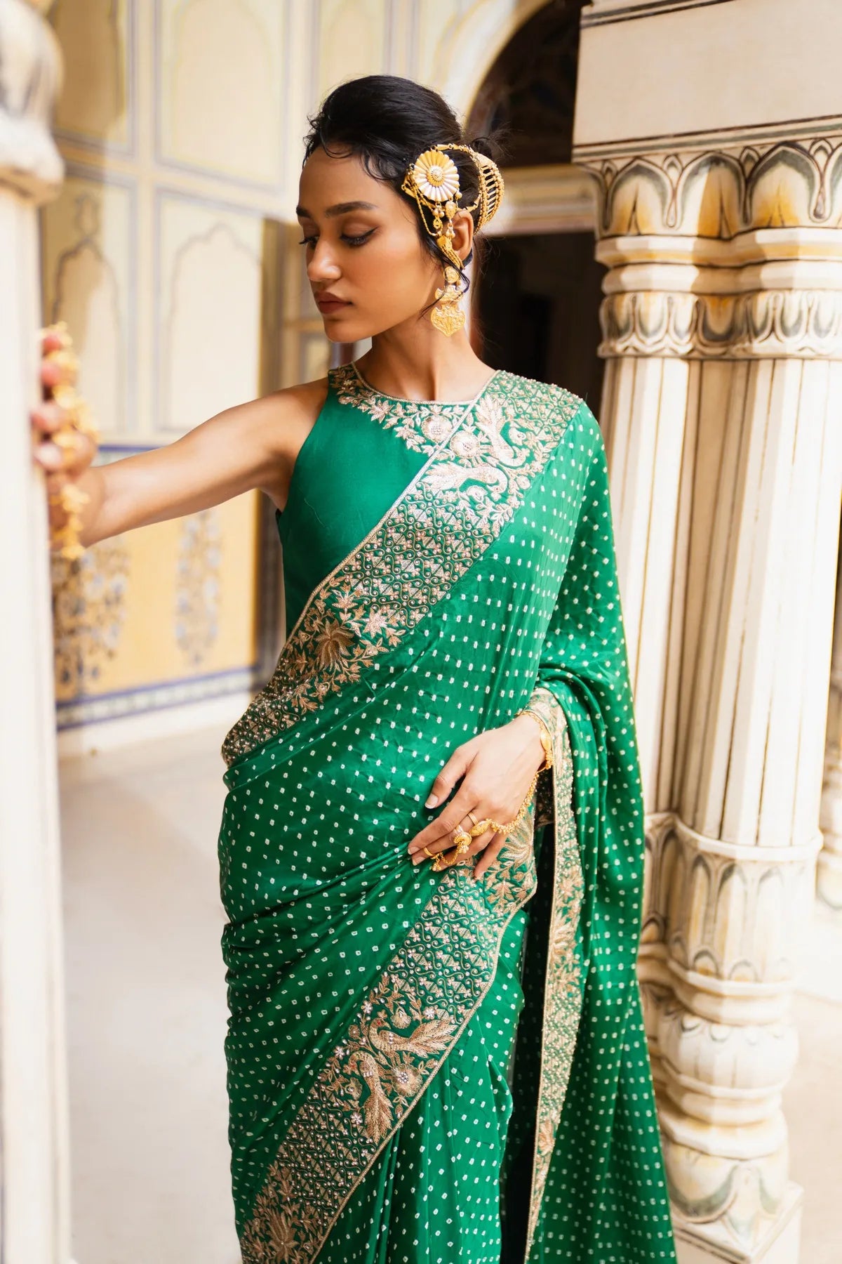 Peacock and lotus bandhni saree