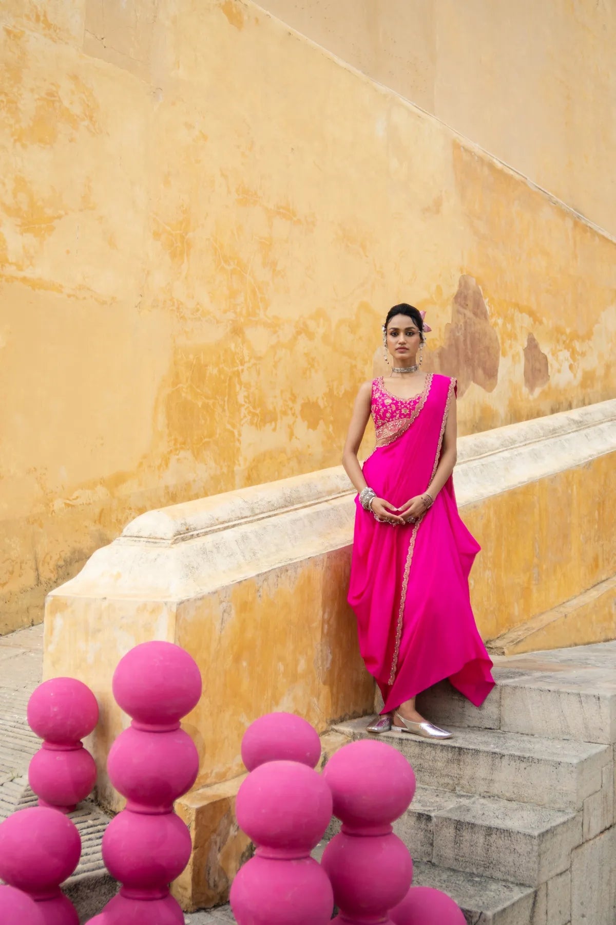 Bright fuschia draped saree