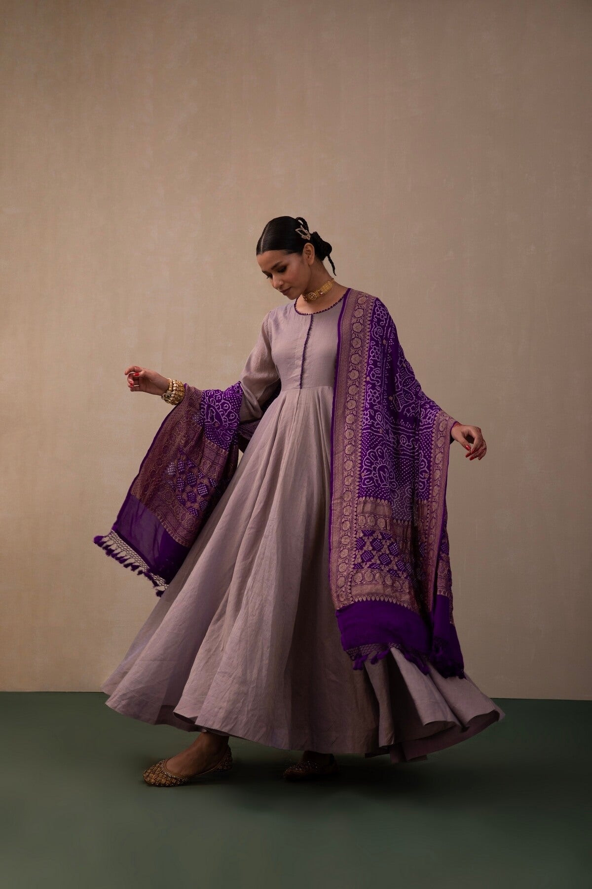 Lilac Tissue Anarkali With Heavy Bandhni Dupatta