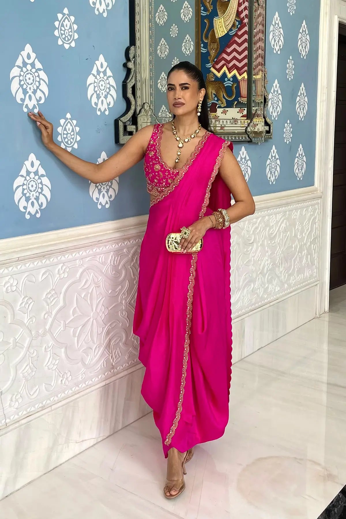 Bright fuschia draped saree
