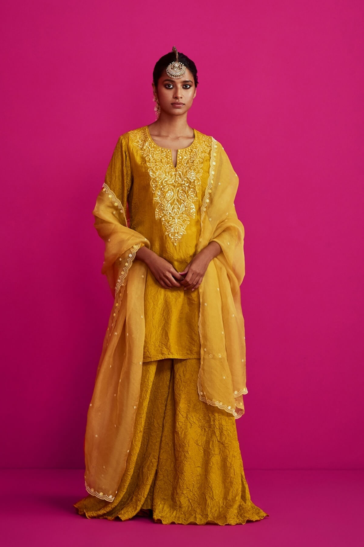 Yellow Sharara Suit in Chanderi with Gota Patti and Dori Work -...