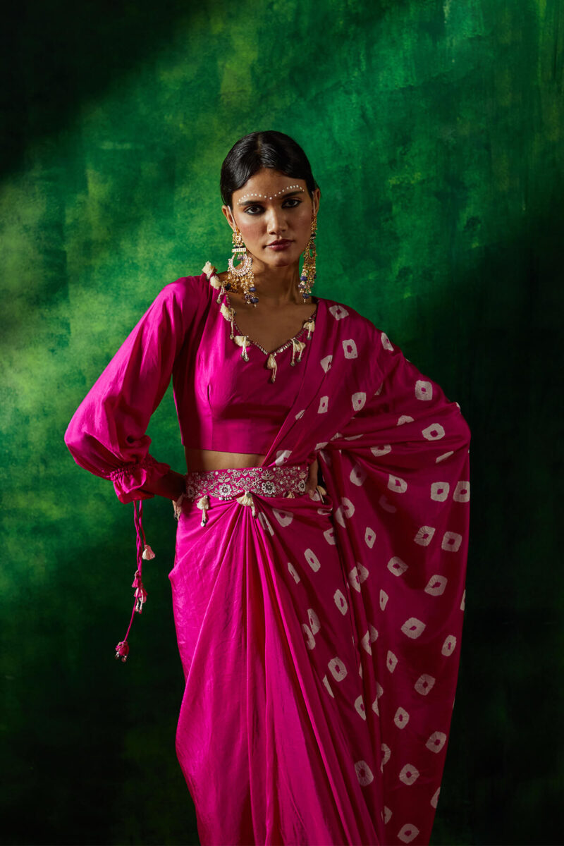 Buy Pink Cotton Embroidery Bugle Delilah Pre-draped Saree With